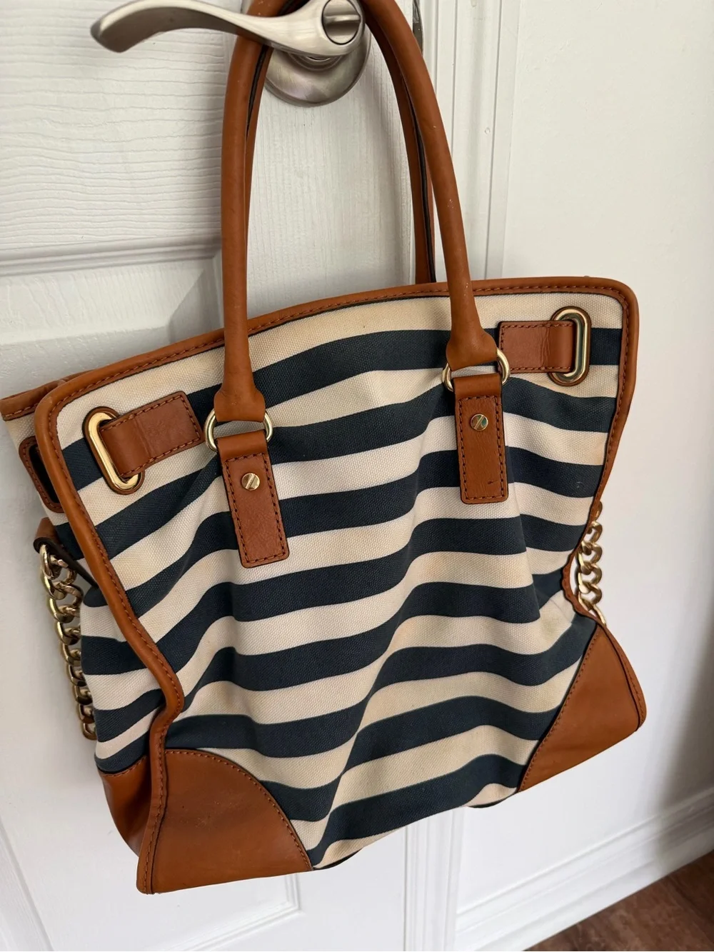 Michael Kors Navy & White Striped Shoulder Tote with Brown Trim